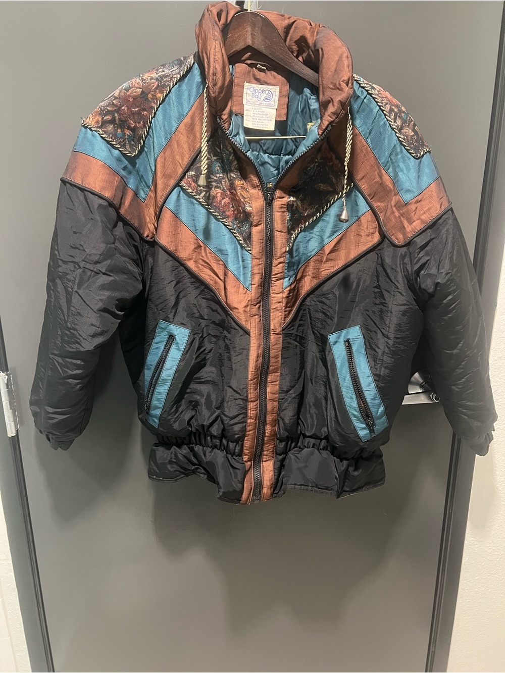 Vtg Clipper Bay Ski Puffer Coat Black/Brown/Teal Baroque Floral Chevron Size M